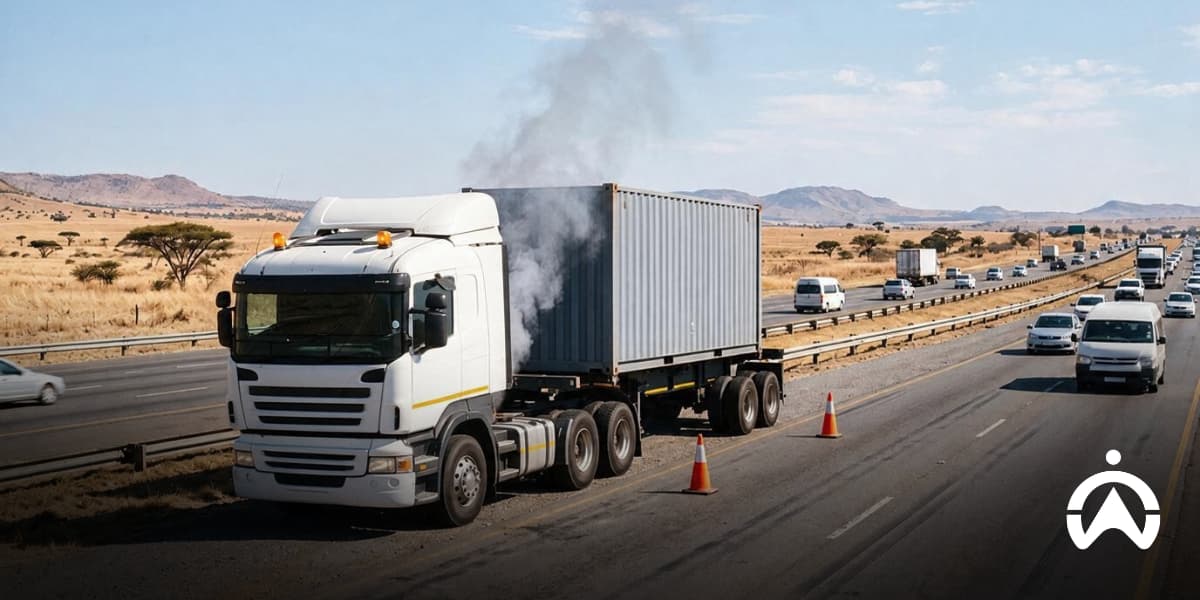 White semi-truck emitting smoke on a highway, highlighting vehicle maintenance and operational challenges identified in a fleet management survey.