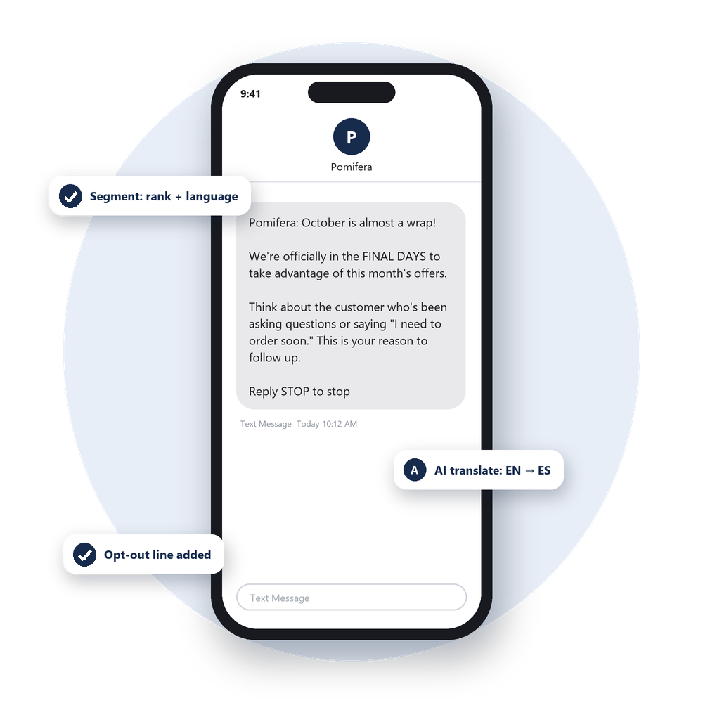 Phone showing a ZipLingo text message with segmentation, AI translation and opt-out line