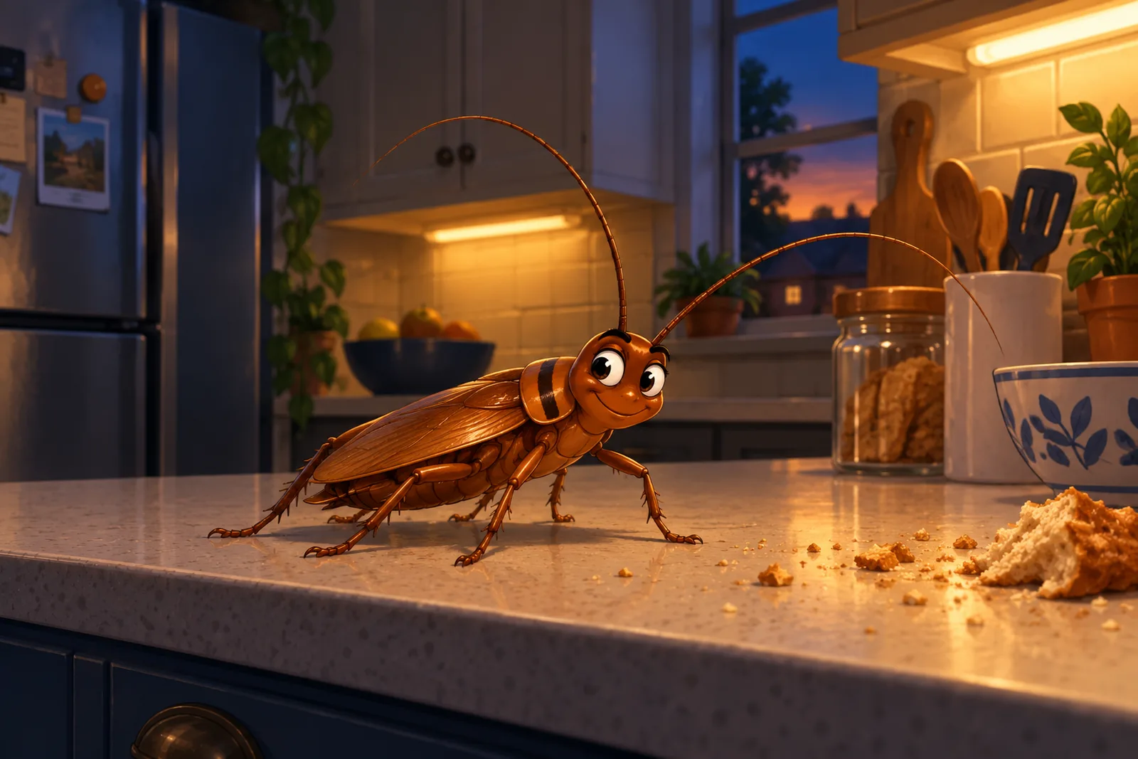 Ilustración de una cucaracha alemana en una cocina doméstica