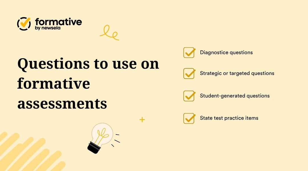 "Types of questions for formative assessments: diagnostic questions, strategic or targeted questions, student-generated questions, and state test practice items. Effective tools for gauging student understanding."