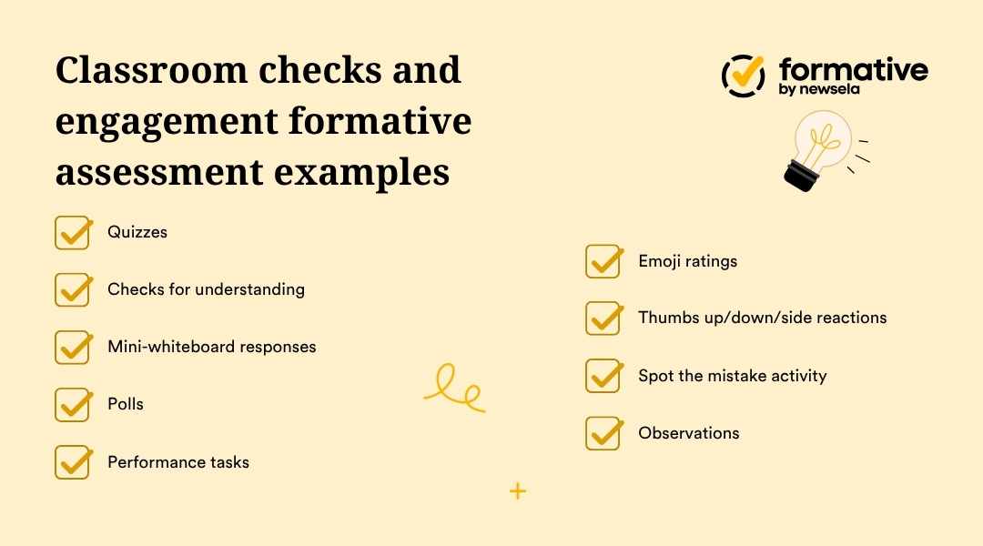 "Classroom checks and engagement formative assessment examples: quizzes, checks for understanding, mini-whiteboard responses, polls, performance tasks, emoji ratings, thumbs up/down/side reactions, spot the mistake activity, and observations. Diverse strategies for real-time feedback."