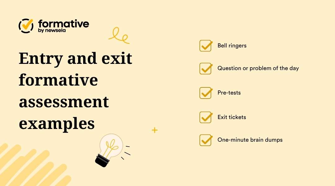 "Examples of entry and exit formative assessments for teachers: bell ringers, question or problem of the day, pre-tests, exit tickets, and one-minute brain dumps. Quick classroom checks for learning."