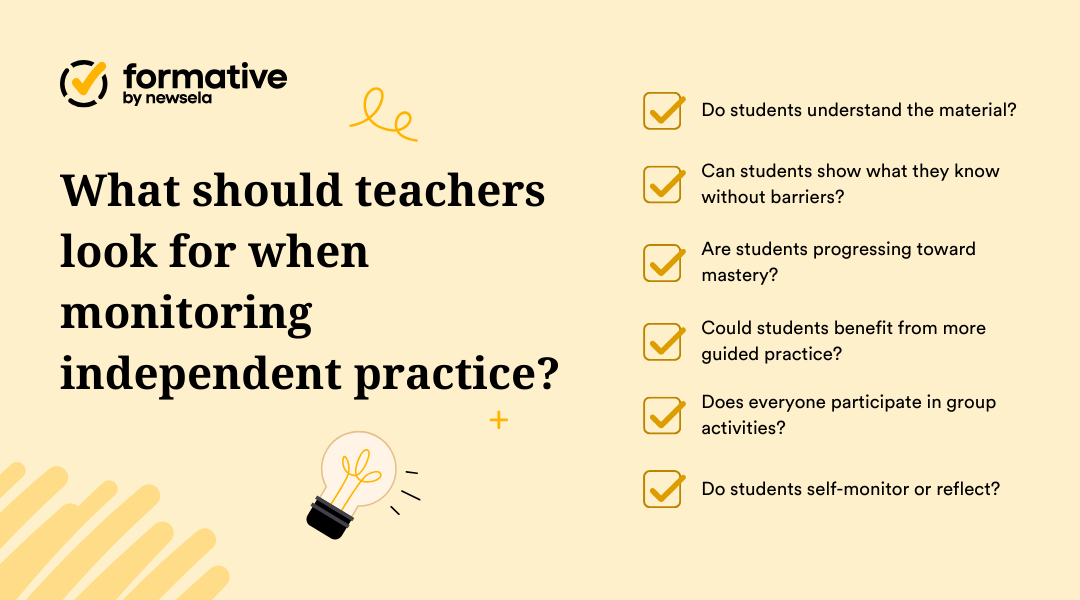 What should teachers look for when monitoring independent practice?