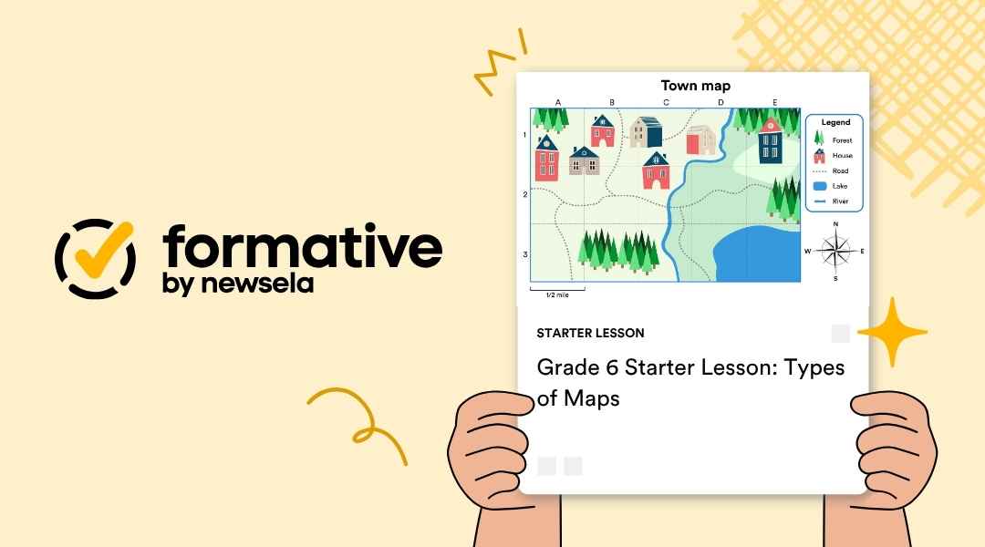 "Screenshot of a 'formative by newsela' starter lesson titled 'Grade 6 Starter Lesson: Types of Maps,' displaying a colorful town map with a legend."