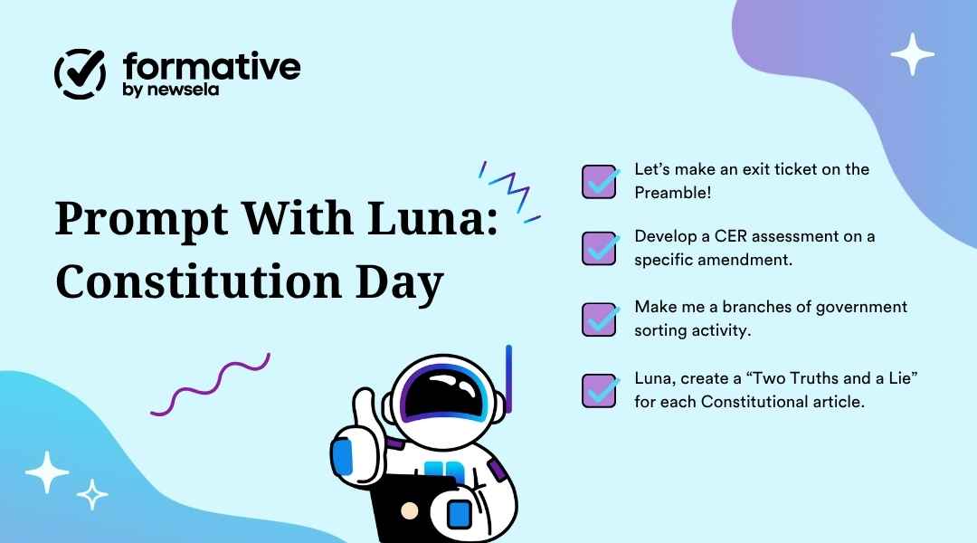 A slide from a Formative by Newsela presentation titled "Prompt With Luna: Constitution Day." It features a robot character named Luna giving a thumbs-up. The slide lists four activity prompts for teaching about the Constitution: an exit ticket on the Preamble, a CER assessment on an amendment, a branches of government sorting activity, and a "Two Truths and a Lie" for each Constitutional article.