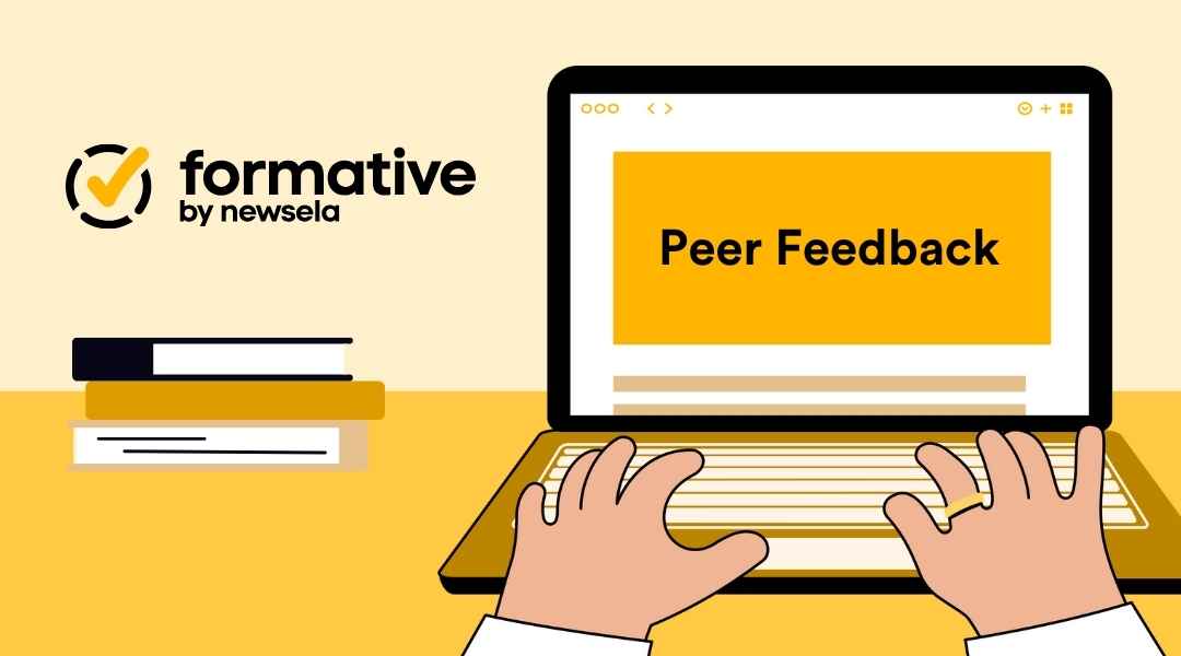A Formative by Newsela graphic showing an open laptop displaying a lesson titled "Peer Feedback" on a yellow screen.