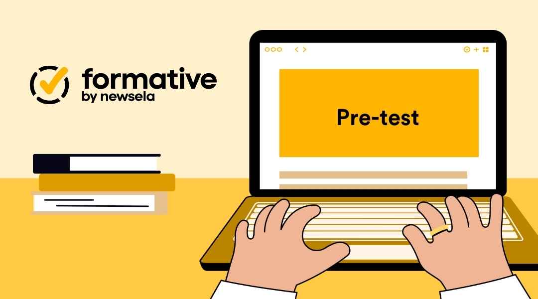 A Formative by Newsela graphic showing an open laptop displaying a lesson titled "Pre-test" on a yellow screen.