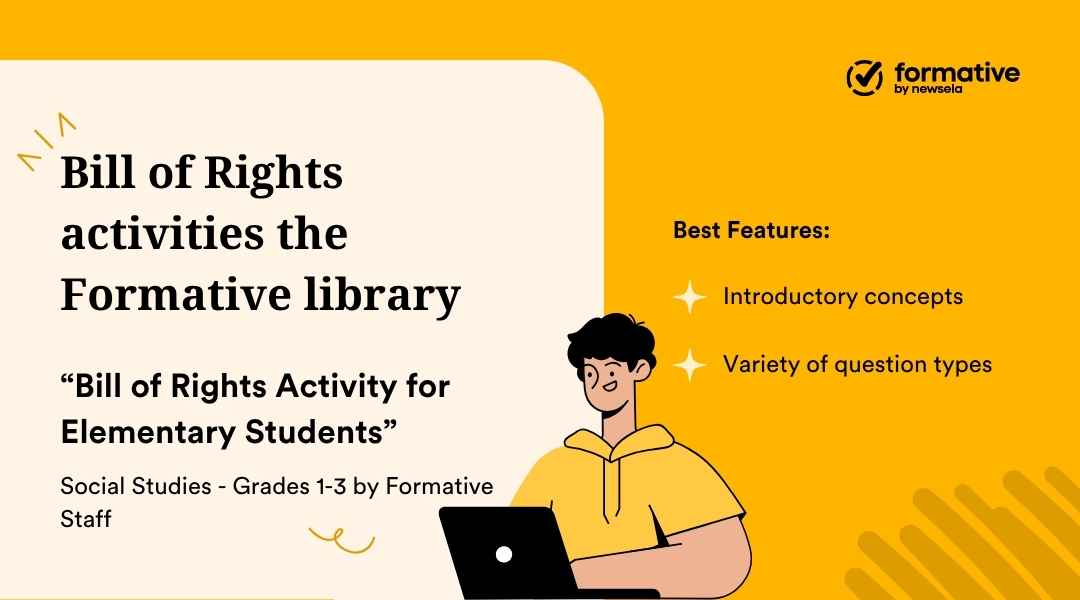 An animated slide promoting "Bill of Rights activities the Formative library" with a cartoon student at a laptop. The specific activity is "Bill of Rights Activity for Elementary Students" for Social Studies, grades 1-3. The best features listed are: introductory concepts and variety of question types.