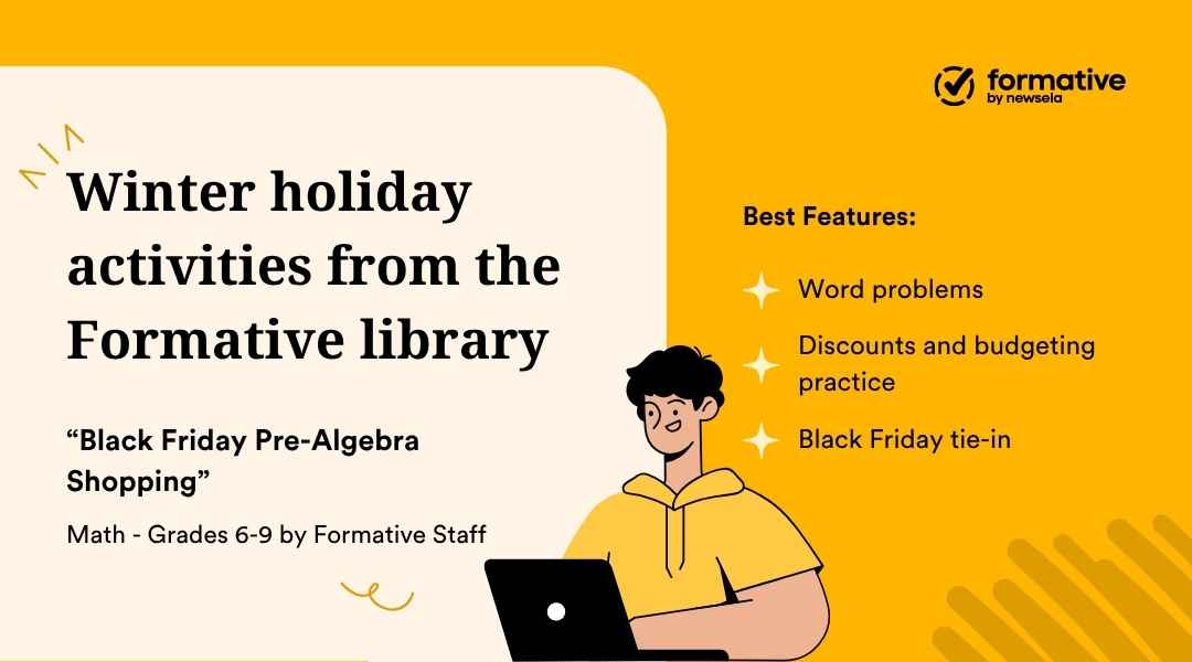 An animated slide promoting "Winter holiday activities from the Formative library." The activity "Black Friday Pre-Algebra Shopping" (Math, Grades 6-9) highlights best features: word problems, discounts and budgeting practice, and Black Friday tie-in.