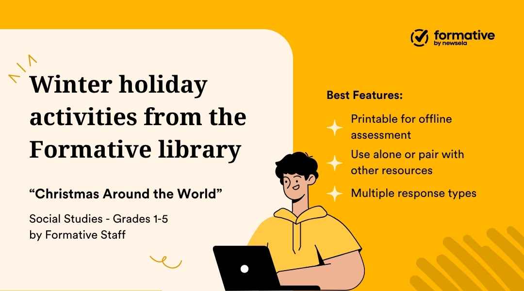 An animated slide promoting "Winter holiday activities from the Formative library." The activity "Christmas Around the World" (Social Studies, Grades 1-5) highlights best features: printable for offline assessment, use alone or paired with resources, and multiple response types.