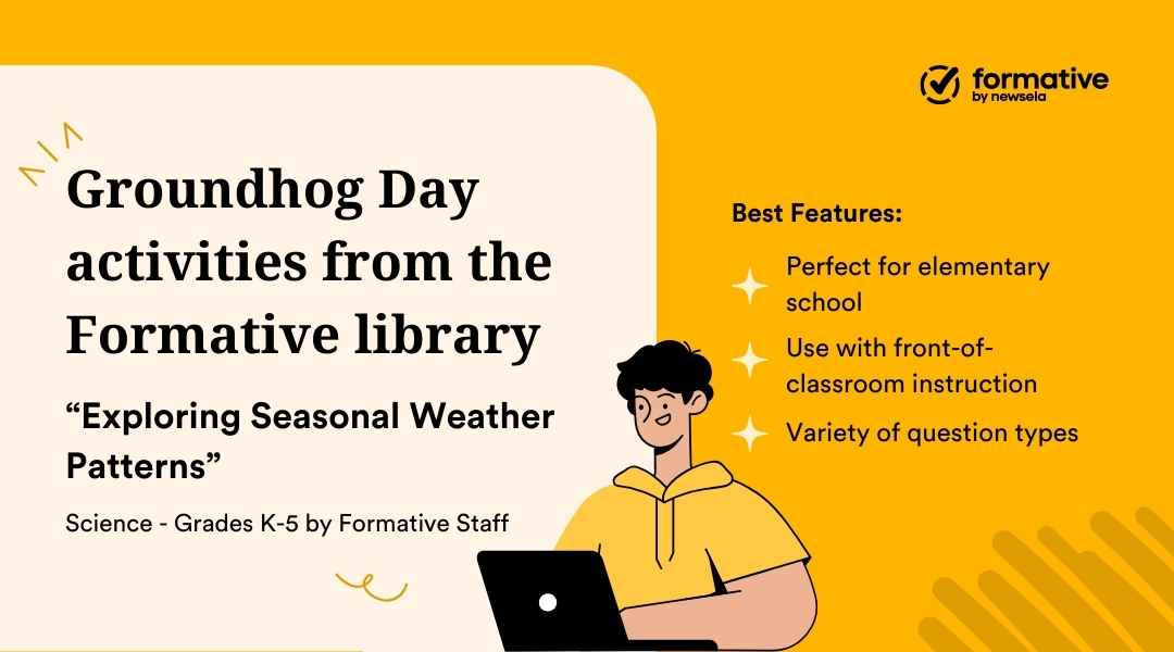 Science activity slide for "Exploring Seasonal Weather Patterns" for grades K-5. Text highlights elementary school focus, front-of-classroom instruction, and variety of question types.