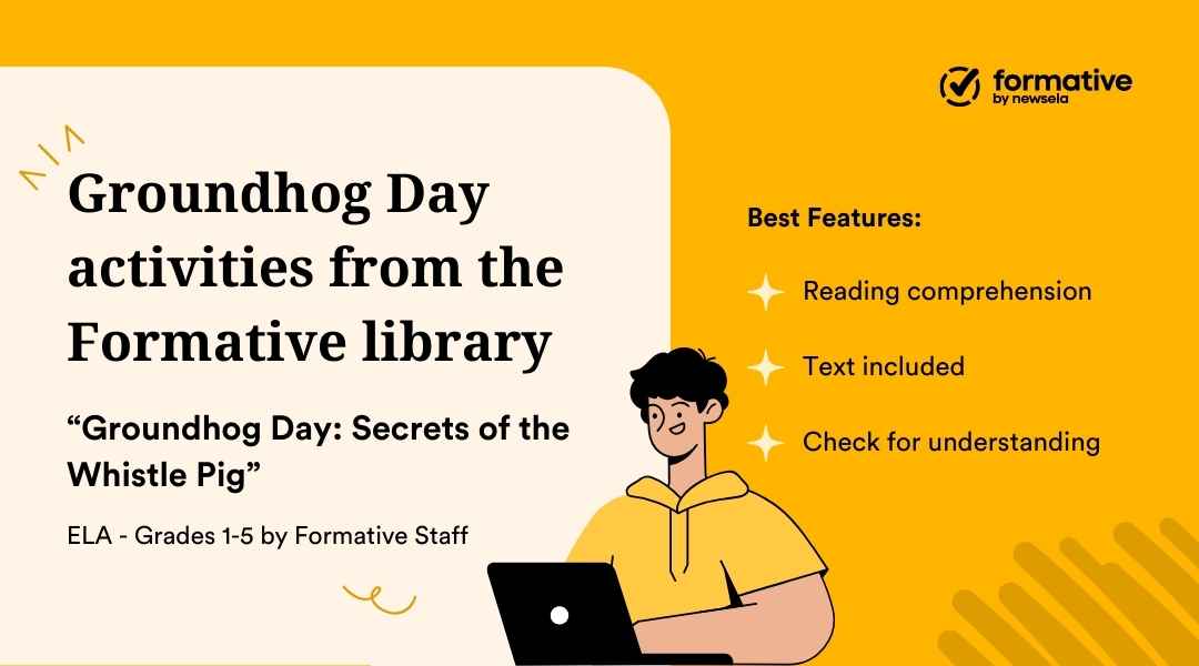 ELA activity titled "Groundhog Day: Secrets of the Whistle Pig" for grades 1-5. Features reading comprehension, included text, and check for understanding.