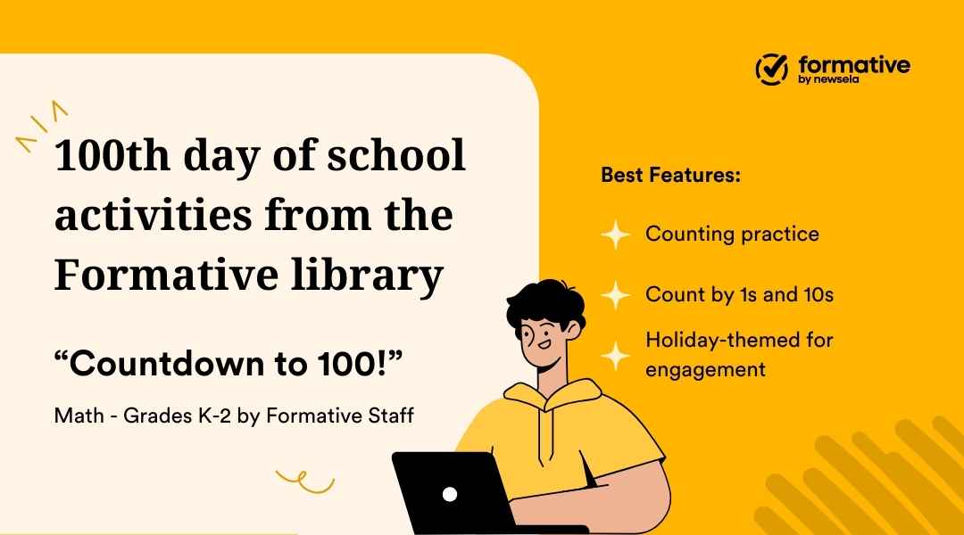 100th Day of School activity card titled "Countdown to 100!" for grades K-2. Features include counting practice by 1s and 10s with a holiday-themed design for student engagement.