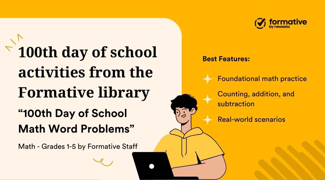 Math resource graphic for "100th Day of School Math Word Problems" targeted at grades 1-5. It highlights foundational math practice, counting, addition, subtraction, and real-world scenarios.