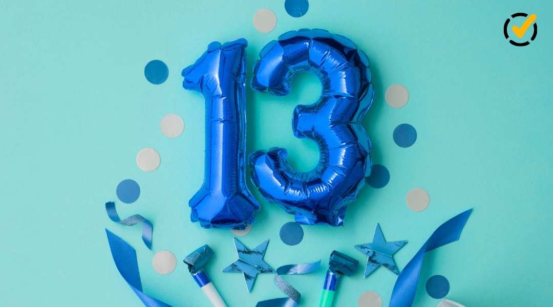Festive teal background with blue foil number 13 balloons, stars, and confetti, featuring a small Formative logo in the top right corner.