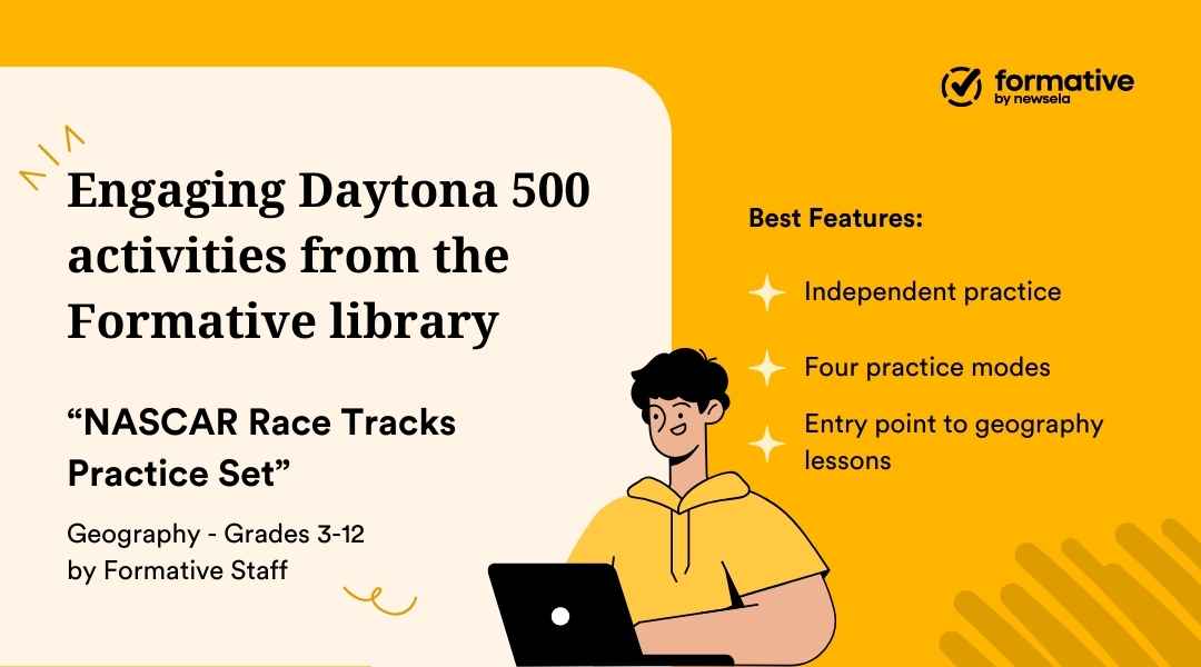 Educational activity card for "NASCAR Race Tracks Practice Set" by Formative, focused on Geography for grades 3-12. Features include independent practice and four practice modes.