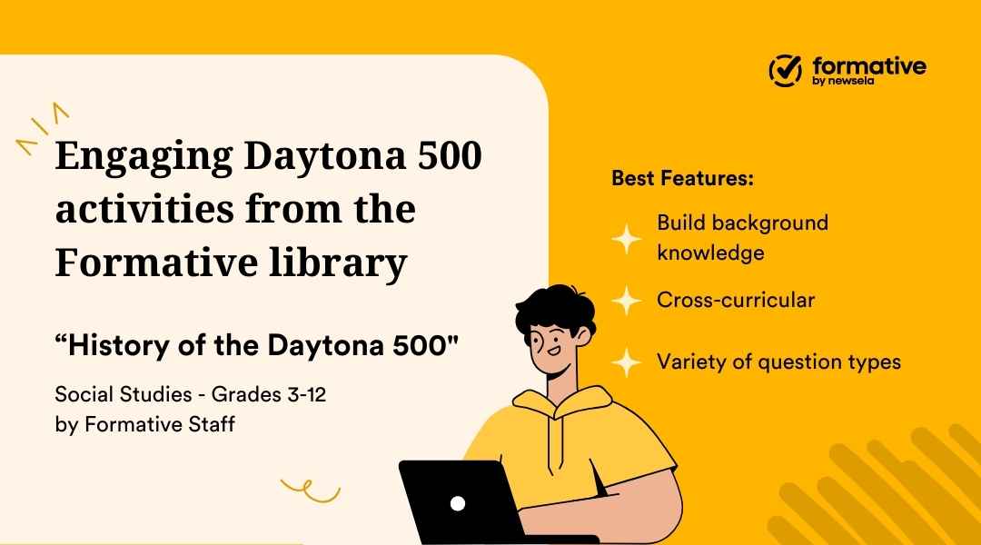 Social Studies activity card titled "History of the Daytona 500" for grades 3-12. Promotes cross-curricular learning and building background knowledge of NASCAR history.