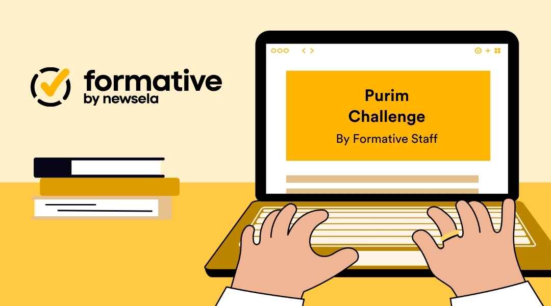 Online learning activity titled "Purim Challenge" by Formative Staff. The image depicts hands typing on a laptop with the lesson title highlighted in a yellow box.