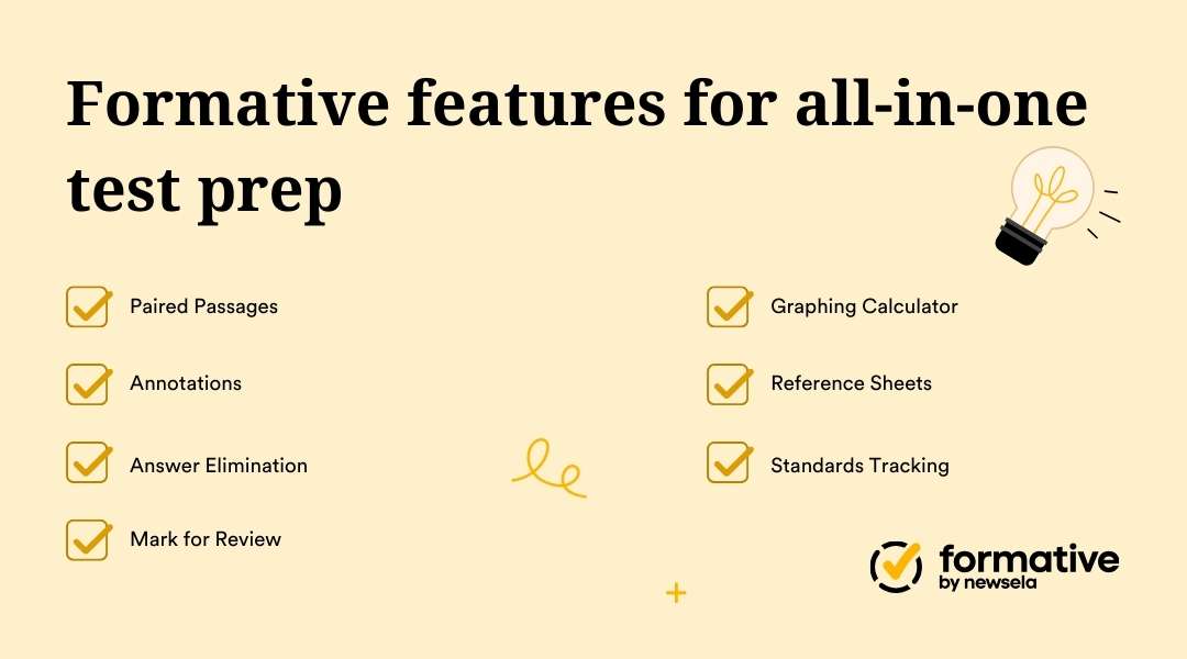 A graphic list of Formative platform features for test preparation, including Paired Passages, Annotations, Answer Elimination, Mark for Review, Graphing Calculator, Reference Sheets, and Standards Tracking.