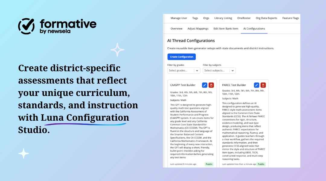 A screenshot of the Luna Configuration Studio interface, showing "AI Thread Configurations" for CAASPP and PARCC test builders. Headline reads: "Create district-specific assessments that reflect your unique curriculum."