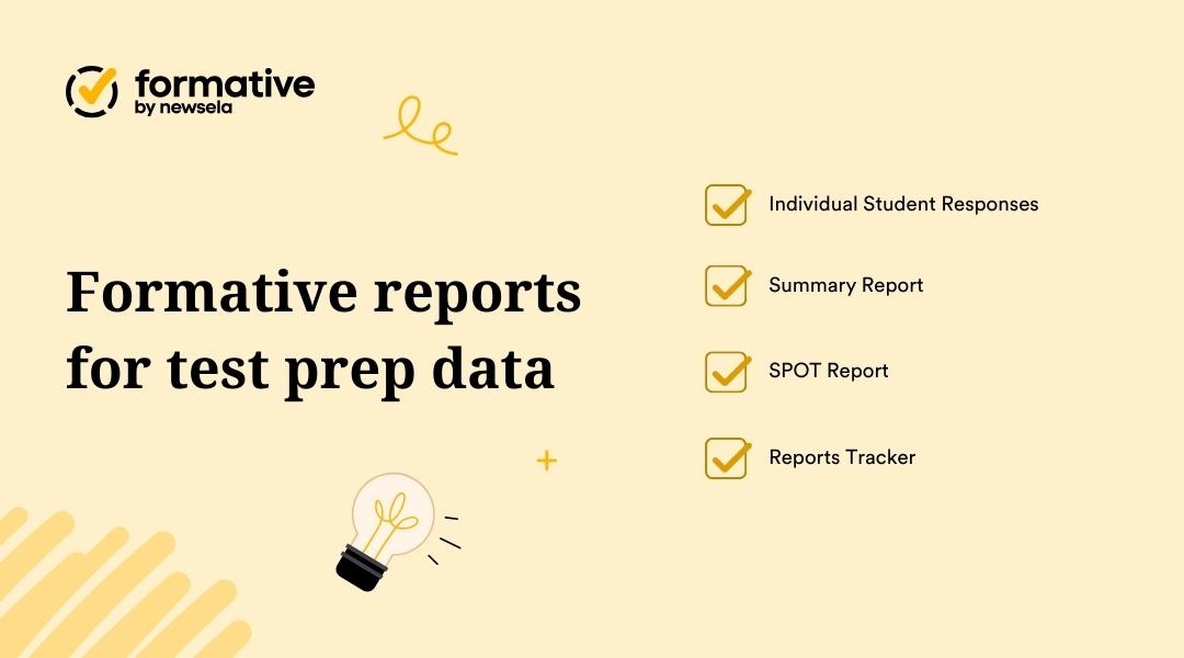 An informational slide highlighting data reporting tools in Formative: Individual Student Responses, Summary Report, SPOT Report, and Reports Tracker.