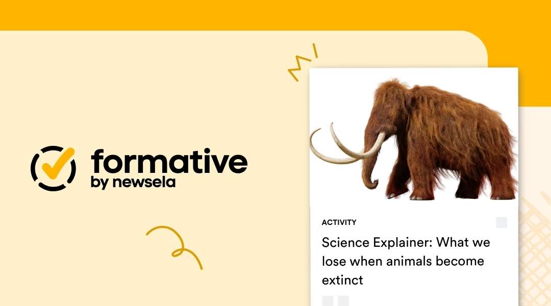 A Formative by Newsela activity slide titled "Science Explainer: What we lose when animals become extinct," featuring a digital illustration of a woolly mammoth.