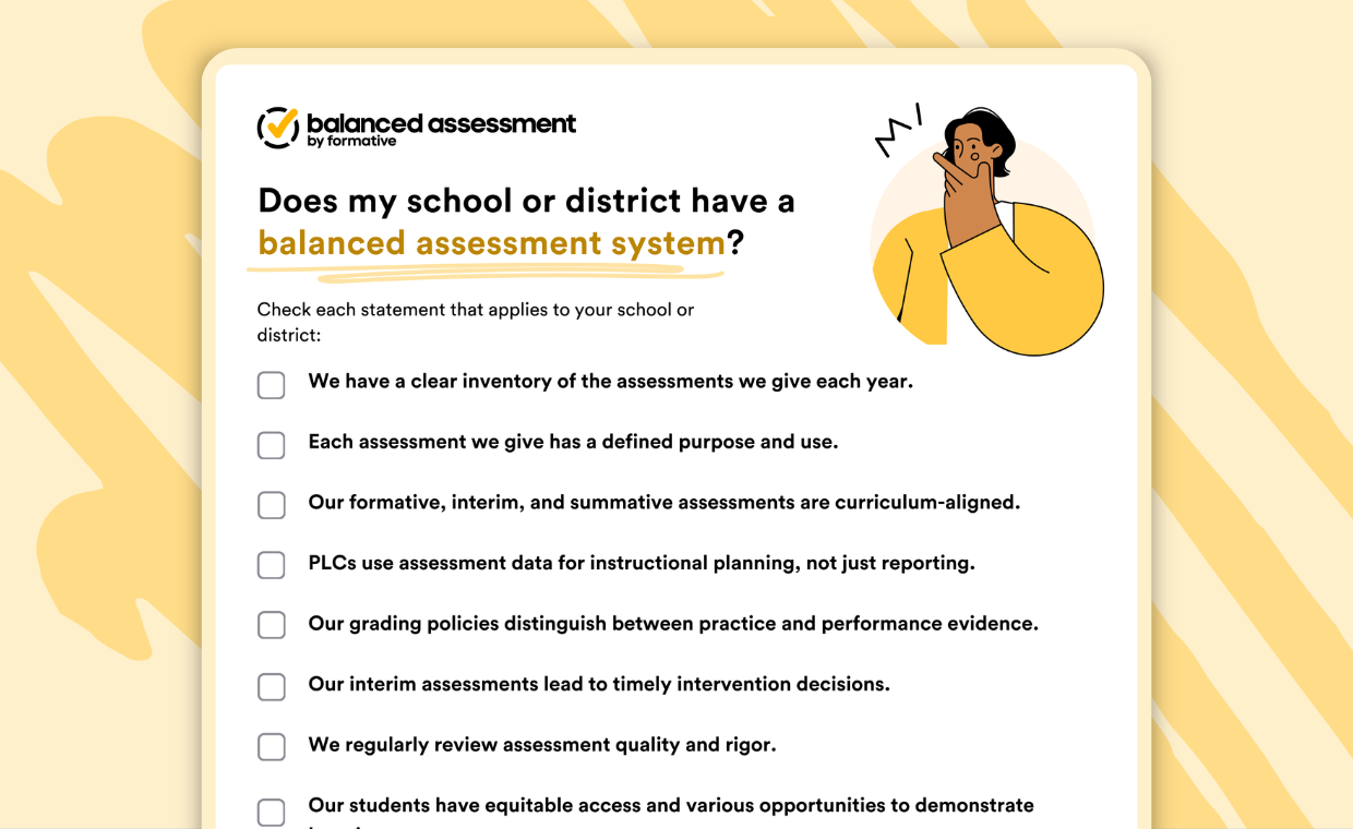 A checklist titled "Does my school or district have a balanced assessment system?" featuring eight criteria for educational readiness, such as curriculum alignment, PLC data usage, and assessment inventory. A graphic of a person thinking appears in the top right.
