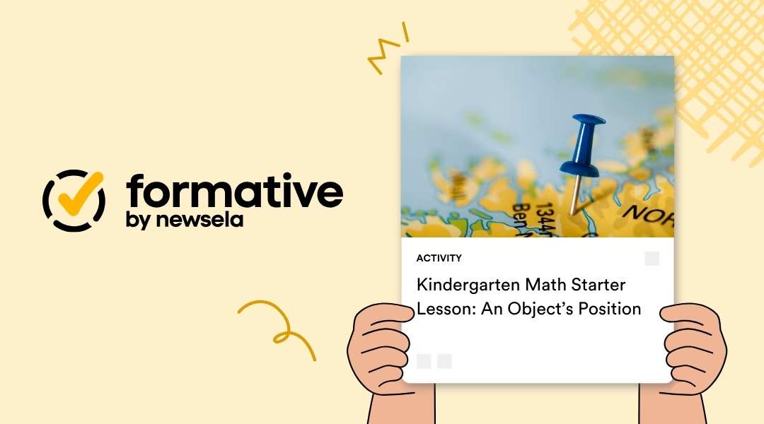 Kindergarten Math Starter Lesson Activity titled "An Object's Position," featuring a blue pushpin on a topographical map to illustrate spatial concepts.