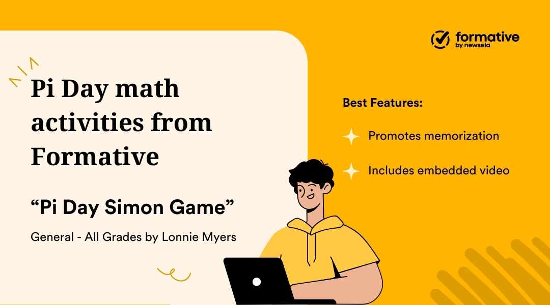 A Formative activity card for the "Pi Day Simon Game" by Lonnie Myers, listed as General for all grades. The graphic highlights that the activity promotes memorization and includes an embedded video.