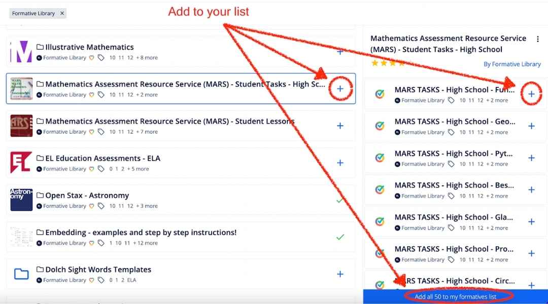 A screenshot of the Formative by Newsela library interface showing a list of educational resource folders. Red circles and arrows highlight the "+" buttons and a blue "Add all 50 to my formatives list" button to demonstrate how to save content.