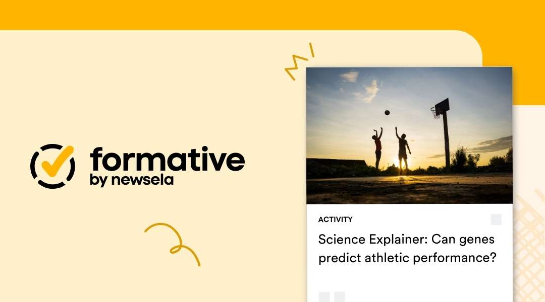 Formative by Newsela science activity titled "Science Explainer: Can genes predict athletic performance?" featuring a silhouette of two people playing basketball at sunset.