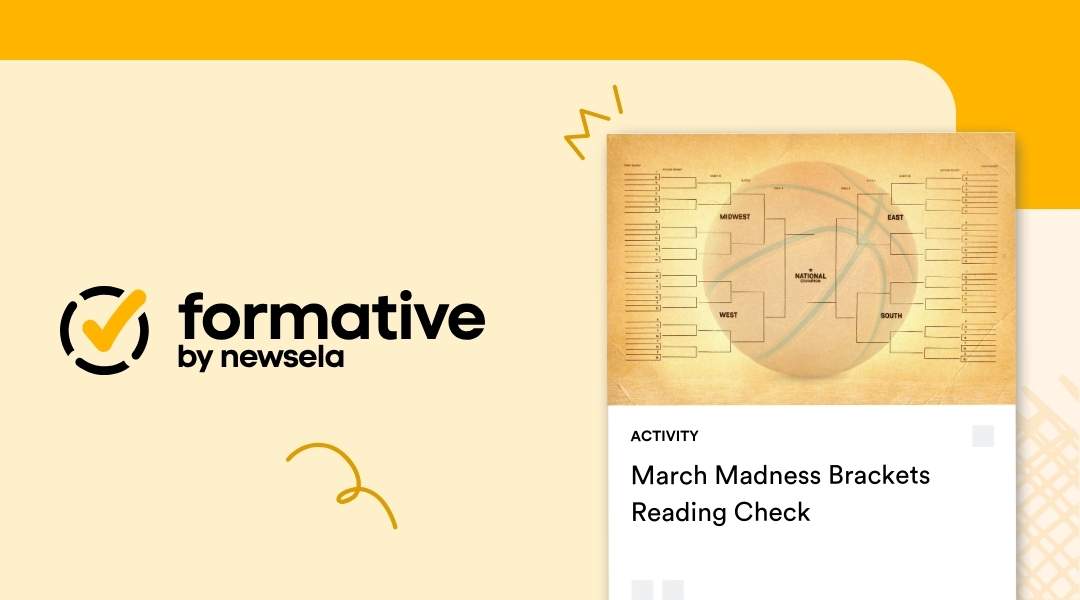 Formative by Newsela literacy activity titled "March Madness Brackets Reading Check" displaying a vintage-style diagram of a basketball tournament bracket.