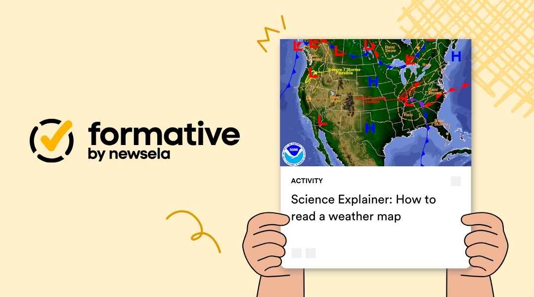 Science Explainer slide for classroom use titled "How to read a weather map," featuring a NOAA meteorological map of the United States with high and low-pressure symbols.