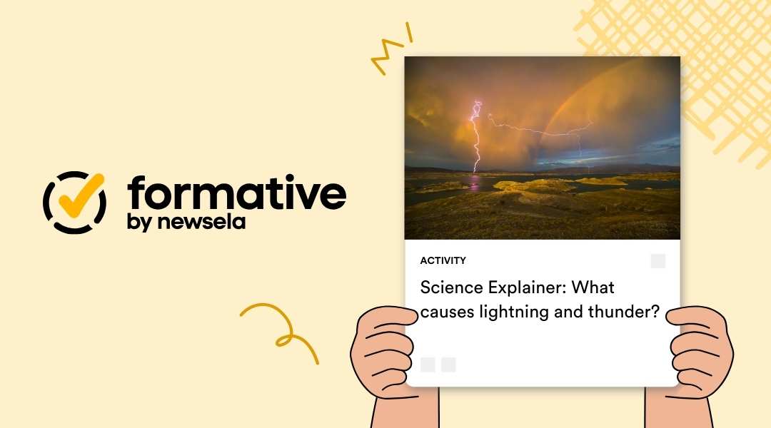 Science Explainer activity from Formative by Newsela titled "What causes lightning and thunder?" featuring a sunset landscape with active lightning strikes.