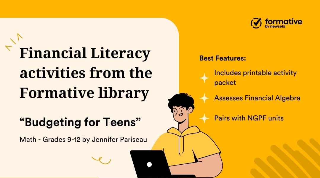 Educational resource slide for "Budgeting for Teens" activity, Math Grades 9-12. Includes a printable activity packet, assesses Financial Algebra, and pairs with NGPF units. Created by Jennifer Pariseau.