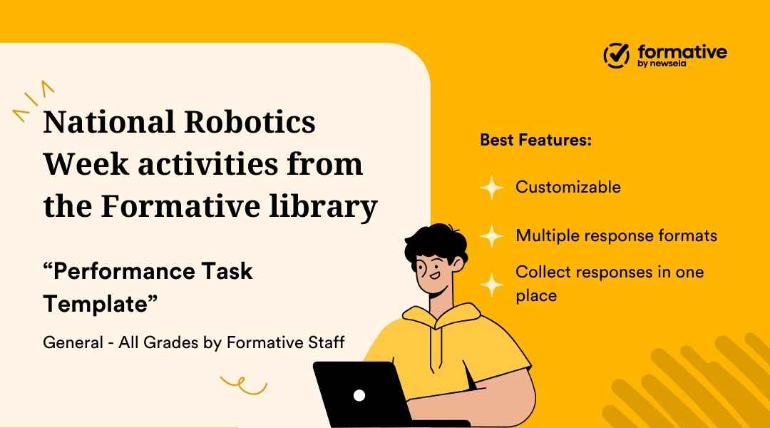 Promotional graphic for National Robotics Week featuring a "Performance Task Template" activity from the Formative library. The image shows a cartoon illustration of a person at a laptop and lists features: customizable, multiple response formats, and centralized response collection.