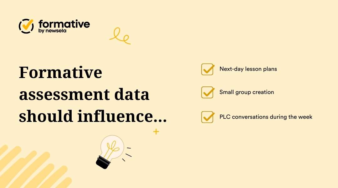 Formative by Newsela infographic titled "Formative assessment data should influence..." listing three impact areas for educators: next-day lesson plans, small group creation, and PLC (Professional Learning Community) conversations during the week.