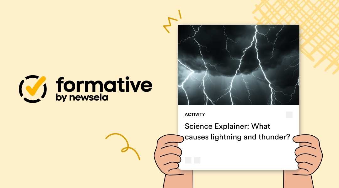 Science Explainer activity: What causes lightning and thunder? The card features a dramatic image of multiple lightning bolts striking across a dark, stormy sky.