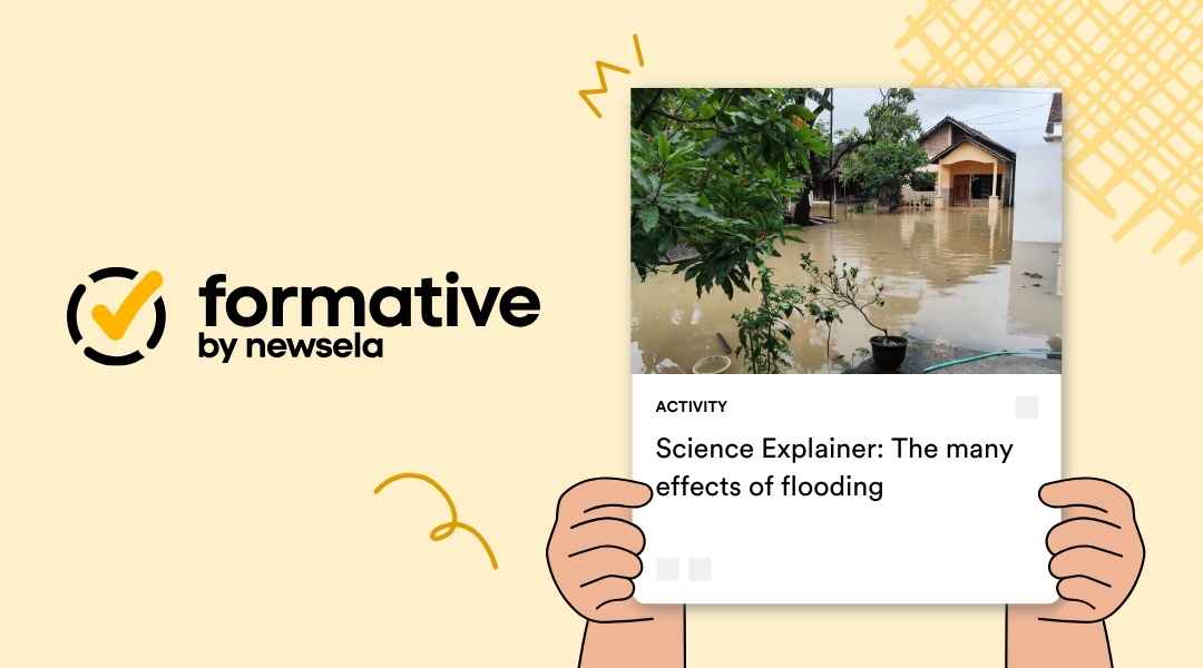 Science Explainer activity: The many effects of flooding. The card shows a suburban house with deep floodwaters reaching the front door and surrounding trees.