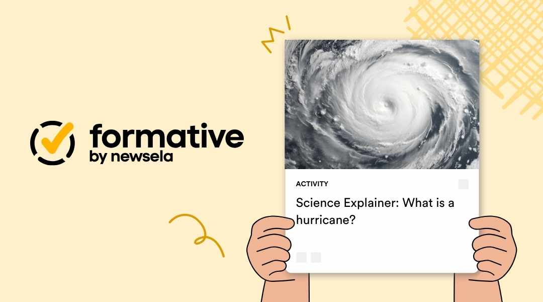 Science Explainer activity: What is a hurricane? The card displays a massive, swirling white hurricane cloud formation as seen from space.