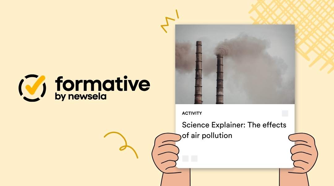 Science Explainer activity: The effects of air pollution. The card shows thick gray smoke billowing from two tall industrial smokestacks into a cloudy sky.