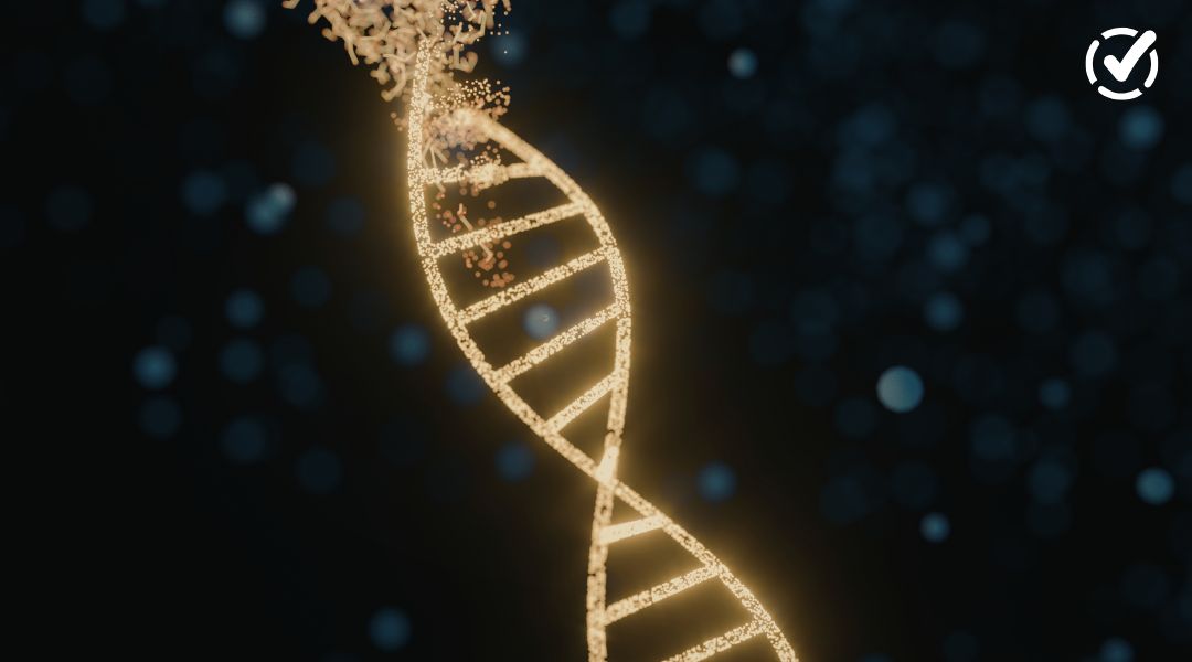 Artistic rendering of a glowing gold DNA double helix strand dissolving into particles against a dark, bokeh background with a Formative logo in the corner.