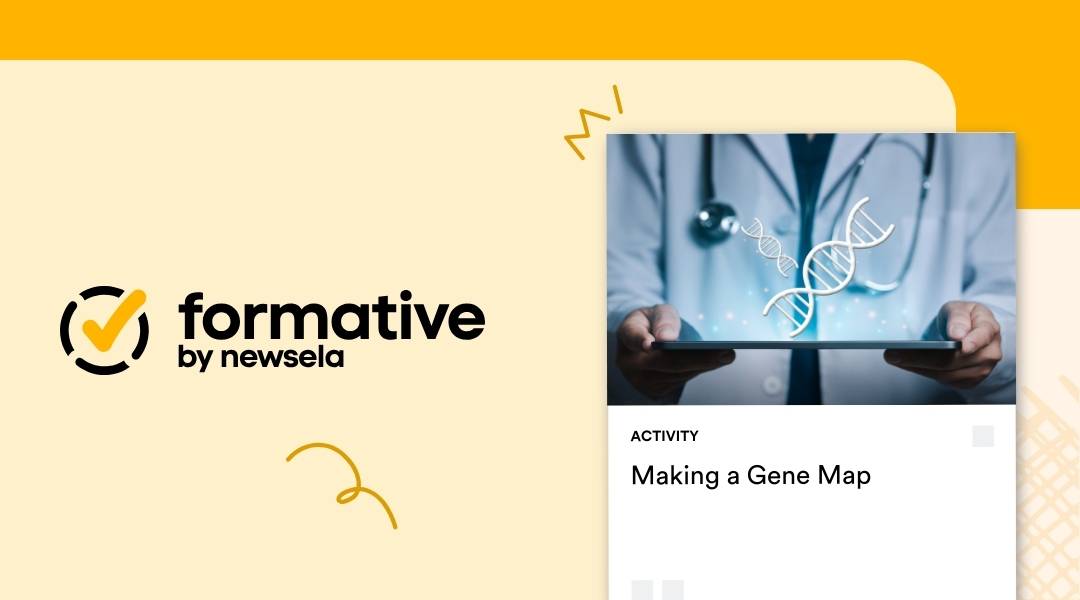 A doctor holding a digital tablet displaying a glowing 3D DNA double helix for a Formative by Newsela activity titled "Making a Gene Map."