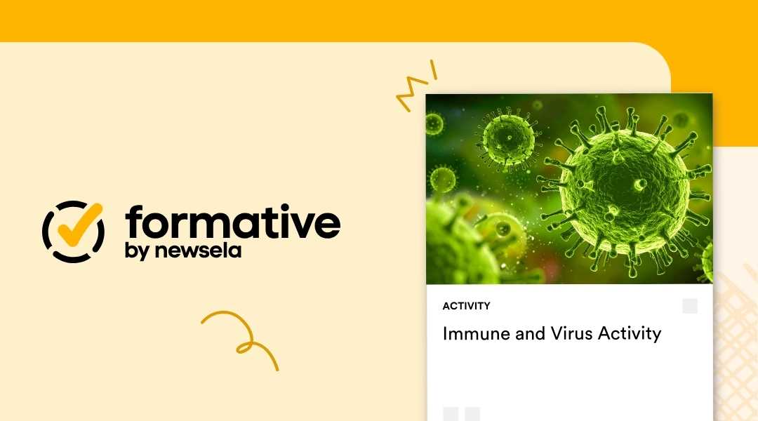 Microscopic view of green virus particles with protein spikes for a Formative by Newsela science activity titled "Immune and Virus Activity."