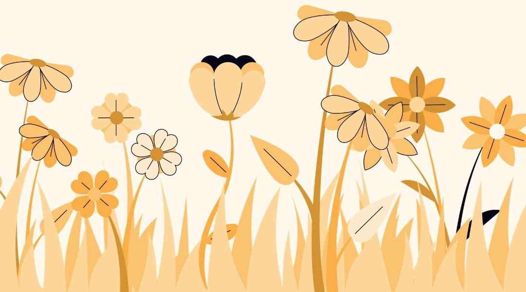 Horizontal illustration of a garden with various stylized yellow and cream-colored flowers and tall grass against a light background.