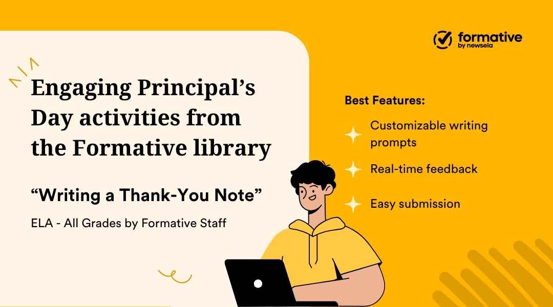 ELA activity card for "Writing a Thank-You Note" from the Formative library. Available for all grades, featuring customizable writing prompts and real-time feedback.
