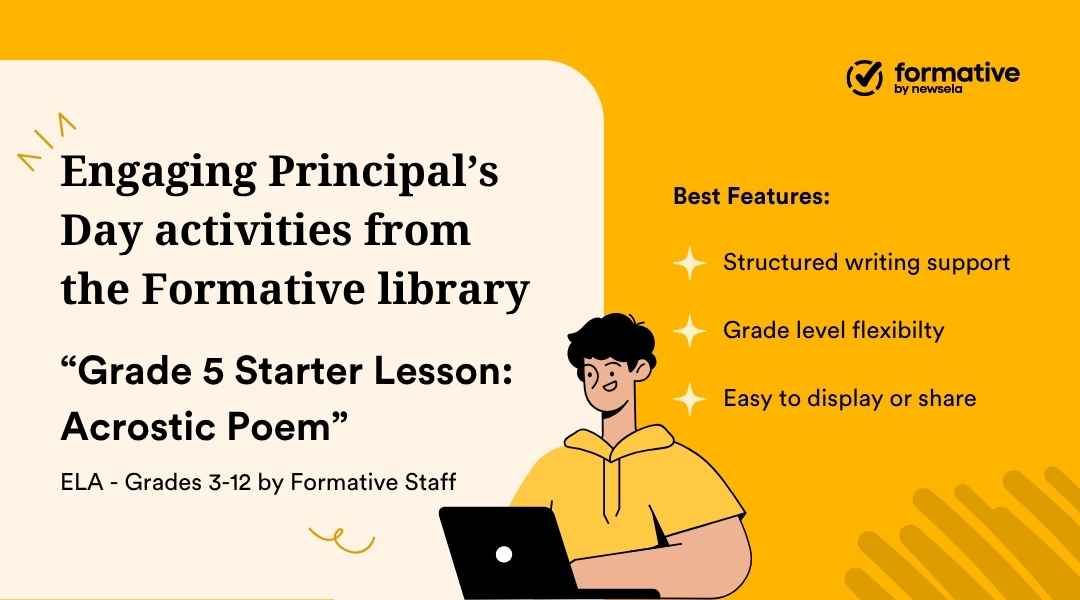 Formative library card for "Grade 5 Starter Lesson: Acrostic Poem." ELA activity for grades 3-12 featuring structured writing support and easy digital sharing.