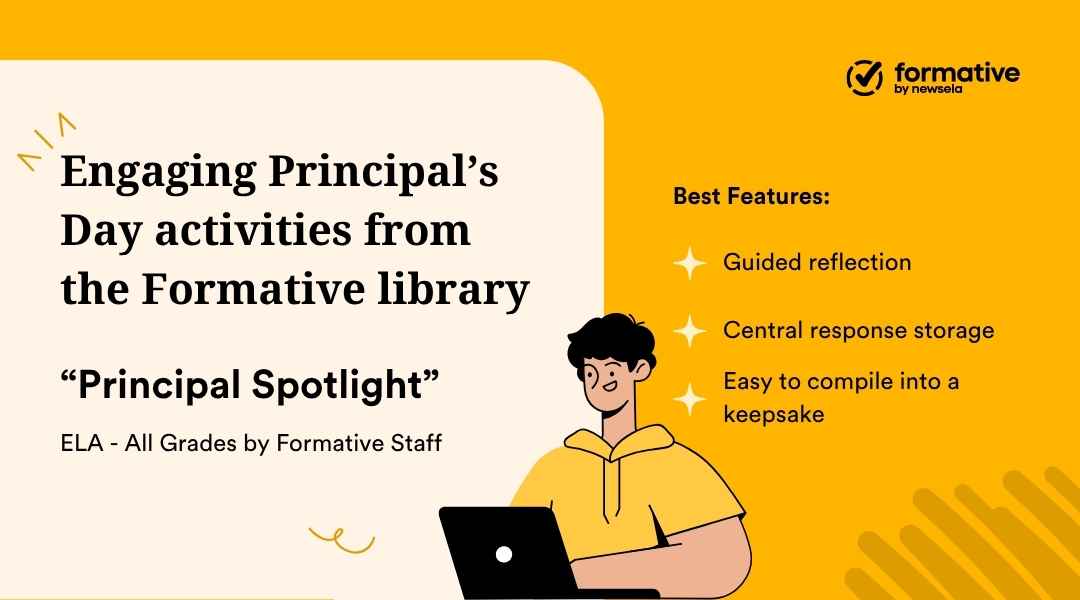 Formative library activity card for "Principal Spotlight," an ELA lesson for all grades. Highlights include guided reflection and easy-to-compile keepsakes for school leaders.