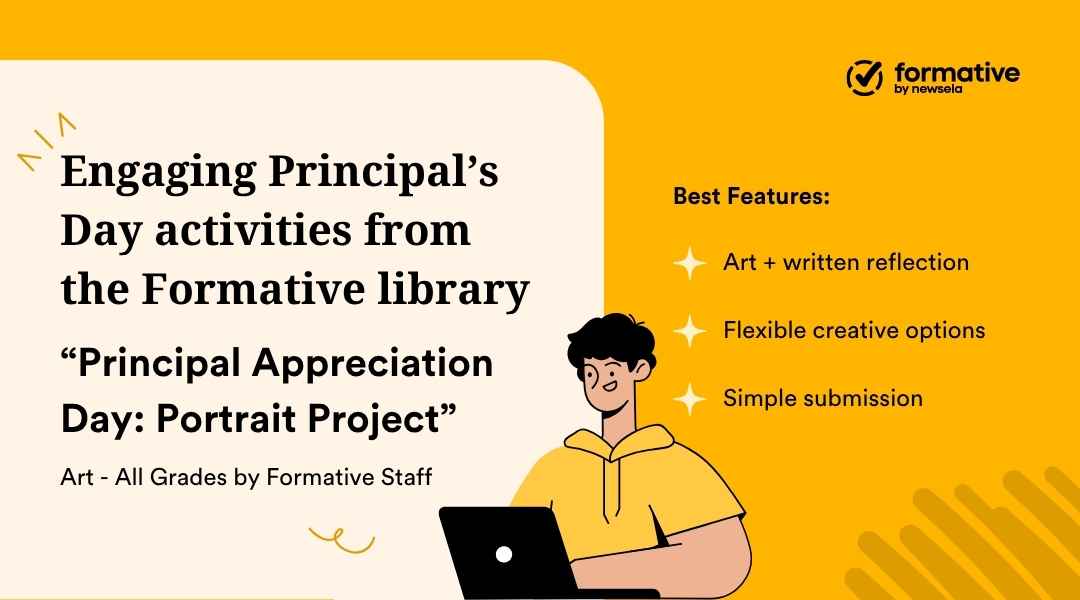 Formative library activity card for "Principal Appreciation Day: Portrait Project." Art-focused lesson for all grades featuring flexible creative options and written reflection.