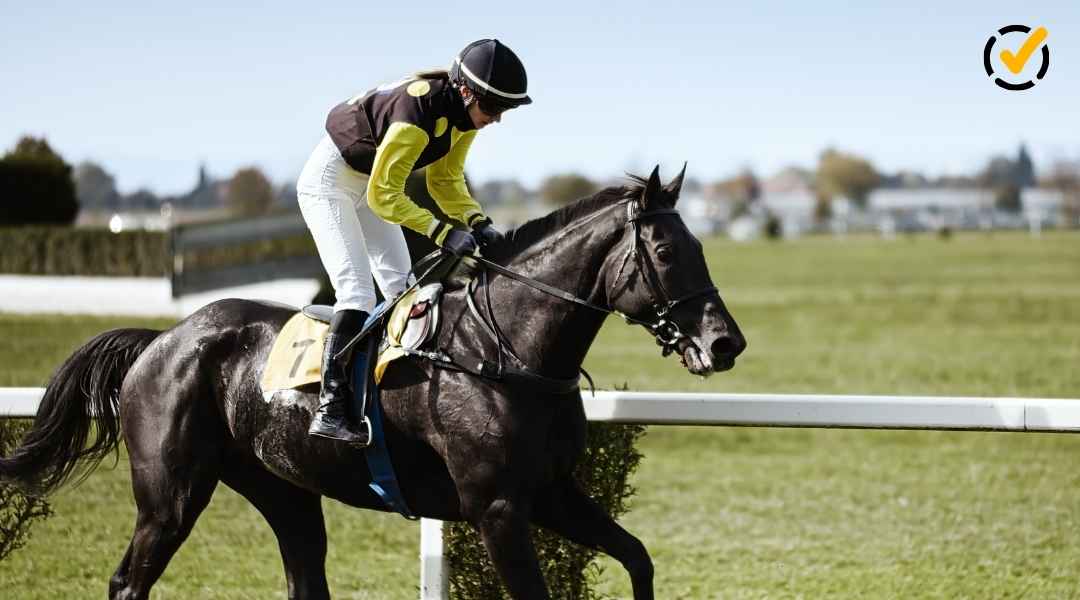 A jockey in yellow and black silks riding a dark brown horse on a green race track during the Kentucky Derby; a Formative logo is in the top right corner.